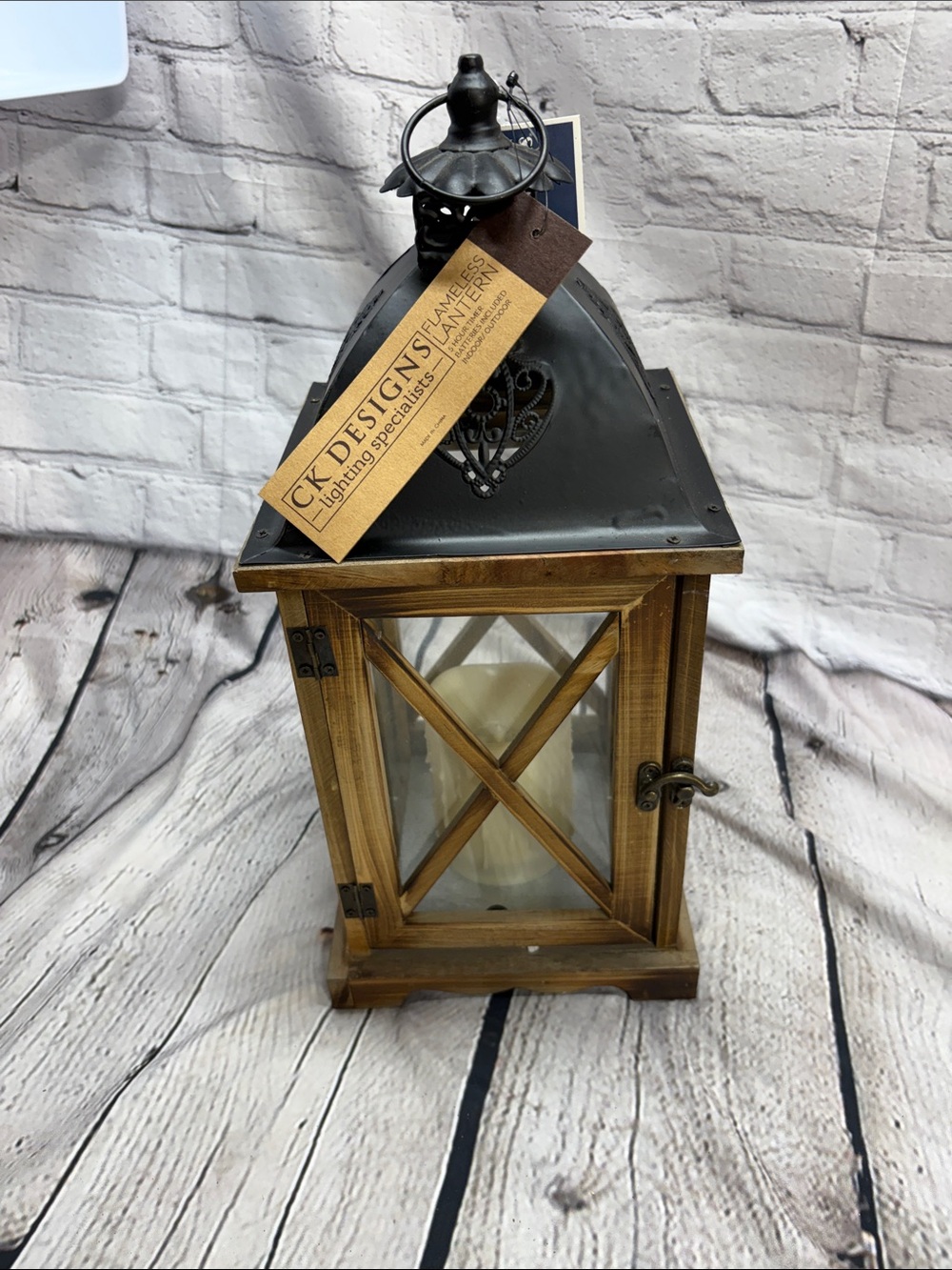CK Designs Rustic Wood Lantern with Black Metal Top Flameless